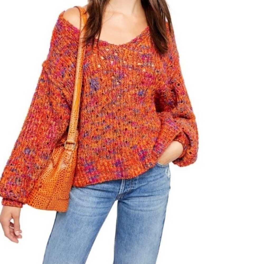 Free People Highland Orange V-Neck Oversized Style Off-the-Shoulder Sweater